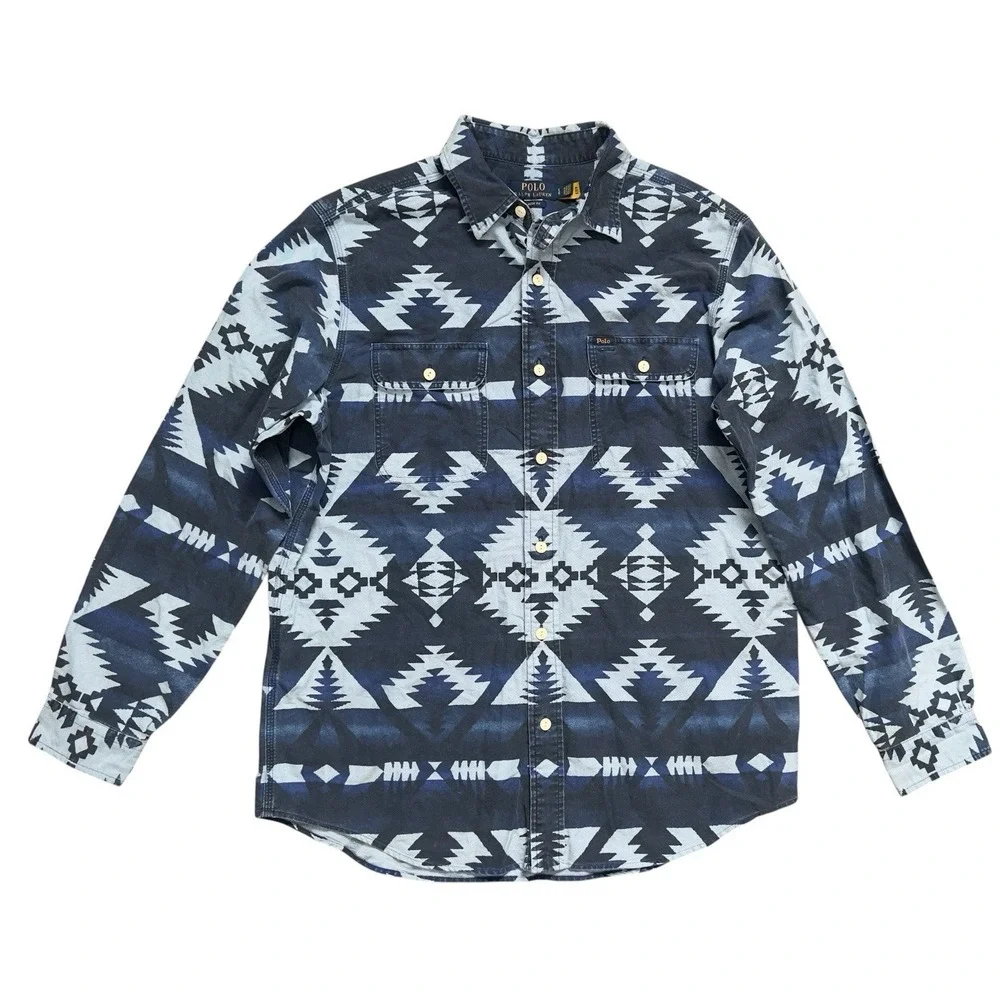 Polo Ralph Lauren Classic Fit Southwestern Aztec Tribal Button Blue‎ Shirt Sz L
